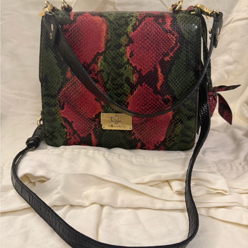 Brahmin Red and Green Snake Print leather Shoulder Bag